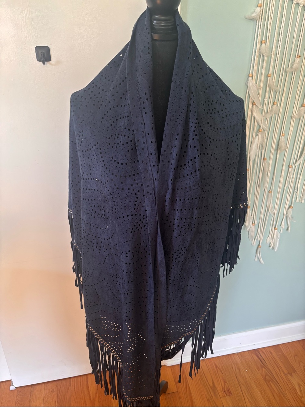 Fair Chilf Navy Blue Eyelet Fringe Shawl Wrap -